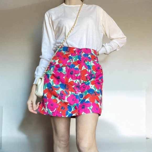 Lili Sidonio Floral Poppies Button Front Mini Skirt Pink Fuchsia New Medium - Picture 1 of 13